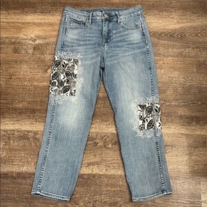 White House Black Market Blue Jeans with Black and White Floral Design